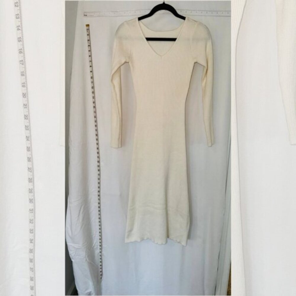 Royal Party Womens Size F V-Neck Long Sleeve Rib Knit Bodycon Midi Dress Cream